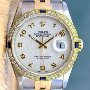 ROLEX DATEJUST CREAM JUBILEE ARABIC DIAL DIAMOND-SAPPHIRE 18KY JUBILEE 16233